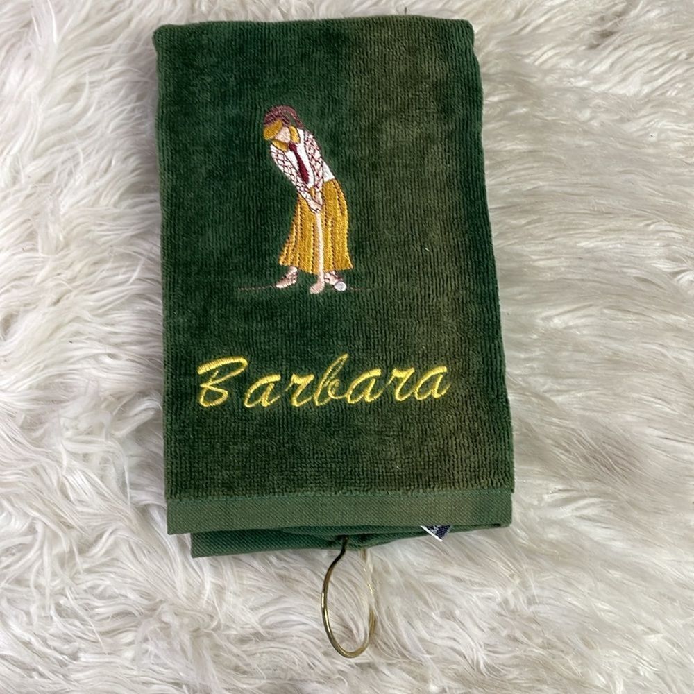 Plush Embroidered Golfers Towel with Pocket Bag Clip,  Name Barbara, Green, NWT